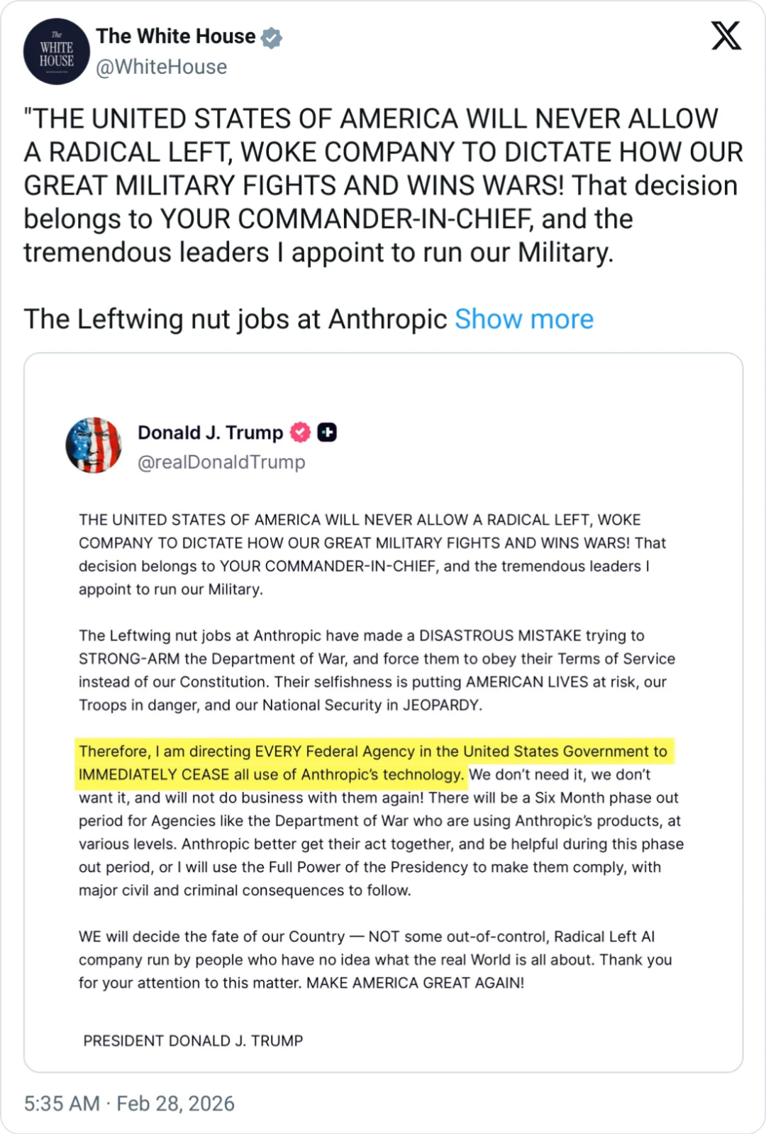 白宫宣布：封杀 Claude